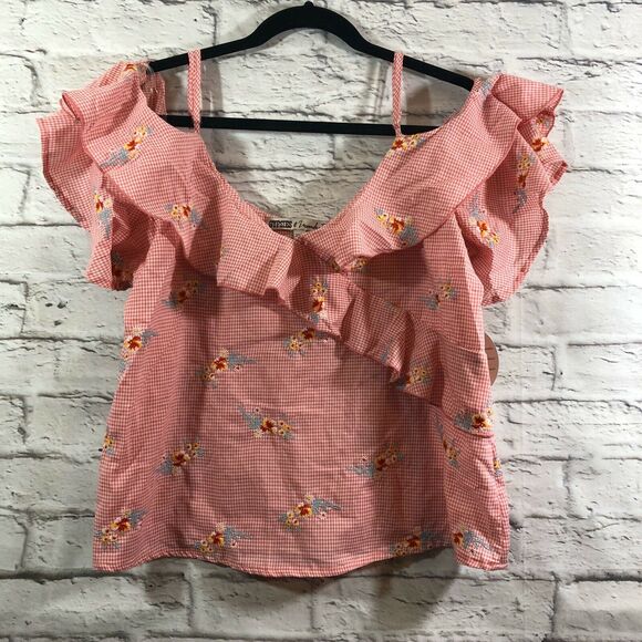 Gypsies & Moondust Pink Ruffled Floral Gingham Off-the-shoulder Top Juniors Sz L - Picture 1 of 5